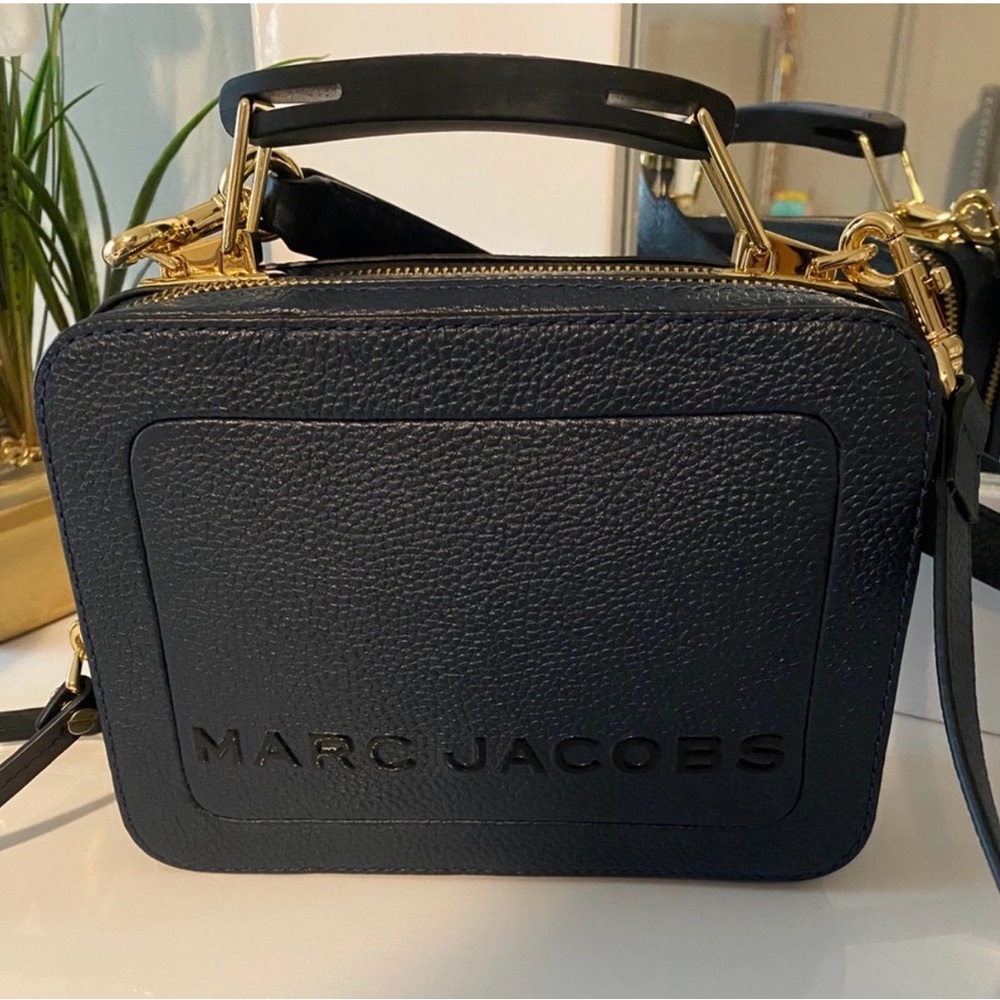 Marc Jacobs Navy Pebbled Leather Box Bag with Gold Hardware